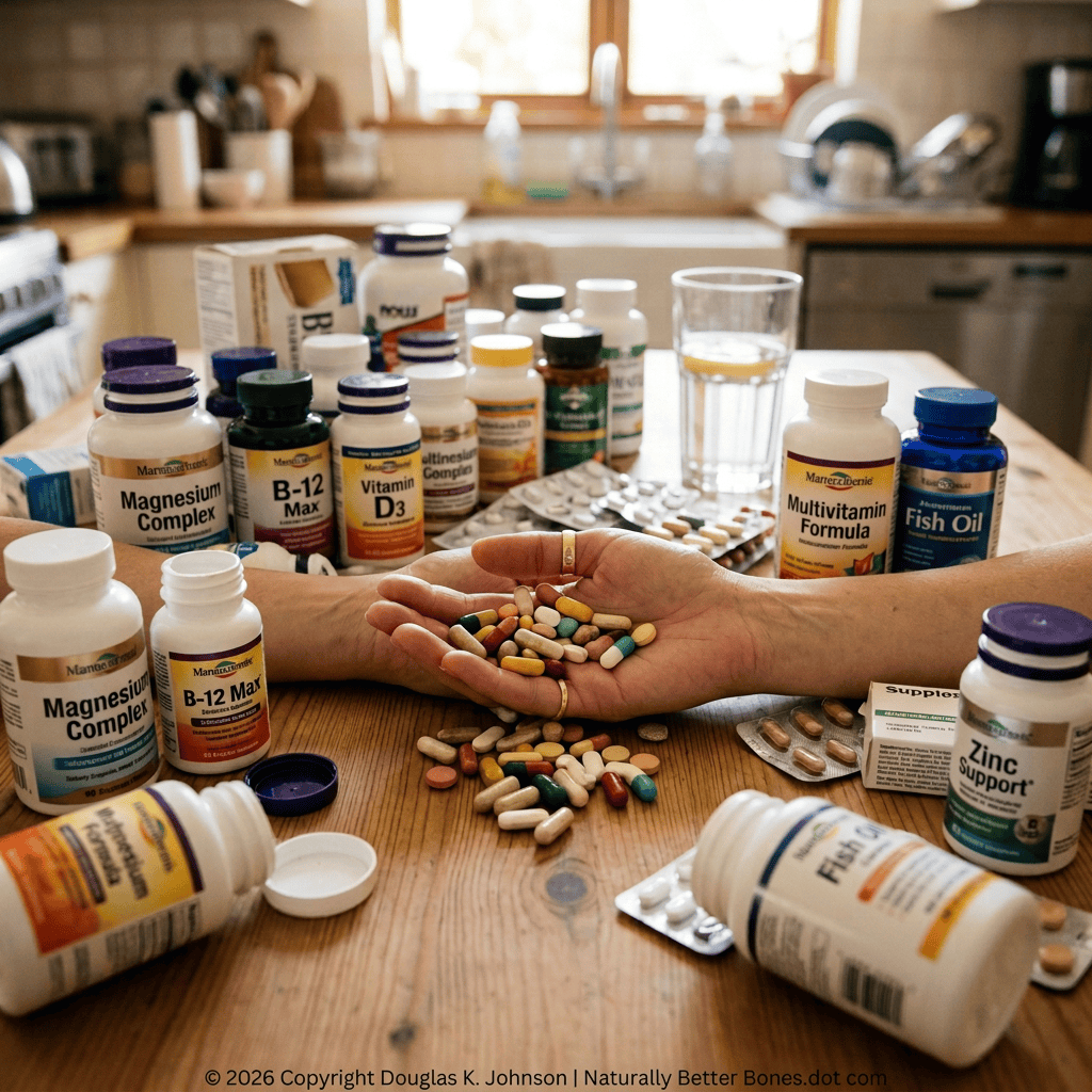 Hand holding assorted vitamins and supplements among supplement bottles