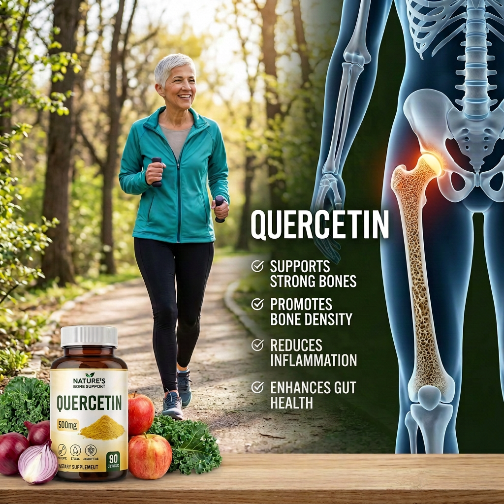 Advertisement text: QUERCETIN; SUPPORTS STRONG BONES; PROMOTES BONE DENSITY; REDUCES INFLAMMATION; INFLAMTION; ENHANCES CALCIUM ABSORPTION. Bottle labeled NATURE'S BONE SUPPORT QUERCETIN 500mg, 90 capsules.
