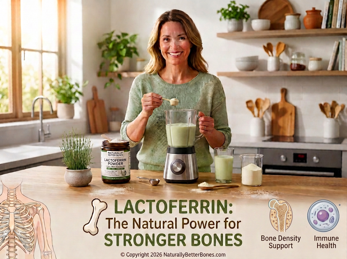 Woman preparing berry smoothie beside Lactoferrin Powder; text: “LACTOFERRIN: The Natural Power for STRONGER BONES,” “Bone Density Support,” and “Immune Health.”
